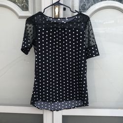 Retro Style "Pin-Up-Girl" Black-&-White Polka Dot Sheer Blouse (Size S)