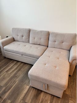 Light Grey Sectional Sofa with Pull-Out Sleeper & Storage Chaise