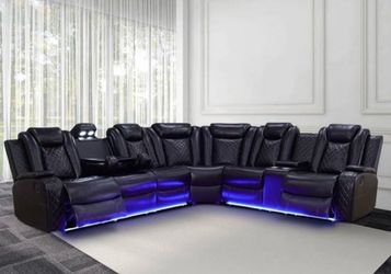 Power electric black leather fully reclining sectional couch
