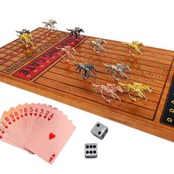  Horse Racing Board Game with Luxurious Durable Metal Horses, 11 Pieces & 4 Colors (3 Gold, 3 Silver, 3 Black, 2 Bronze), Real Cherry Wood Horseracing