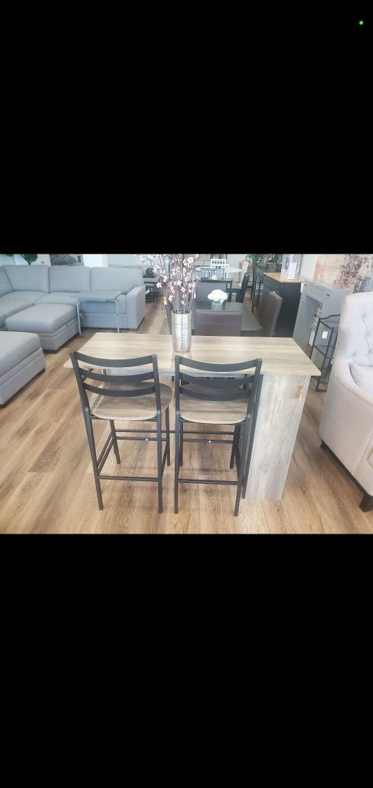 High Top 3 Piece Drop Leaf Counter Table Dining Set with Storage, Grey Wash(New In A Box)