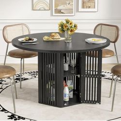 47 Inch Round Dining Table for 4, Circle Kitchen Table with Storage Shelf for Living Room, Black