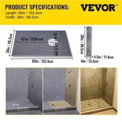 498^ Shower Curb Kit 38\" x 60\" Watertight Shower Curb Overlay with 4\" PVC Offset Bonding Flange, 4\" Stainless Steel Grate, 2 Cuttable Shower Curb 