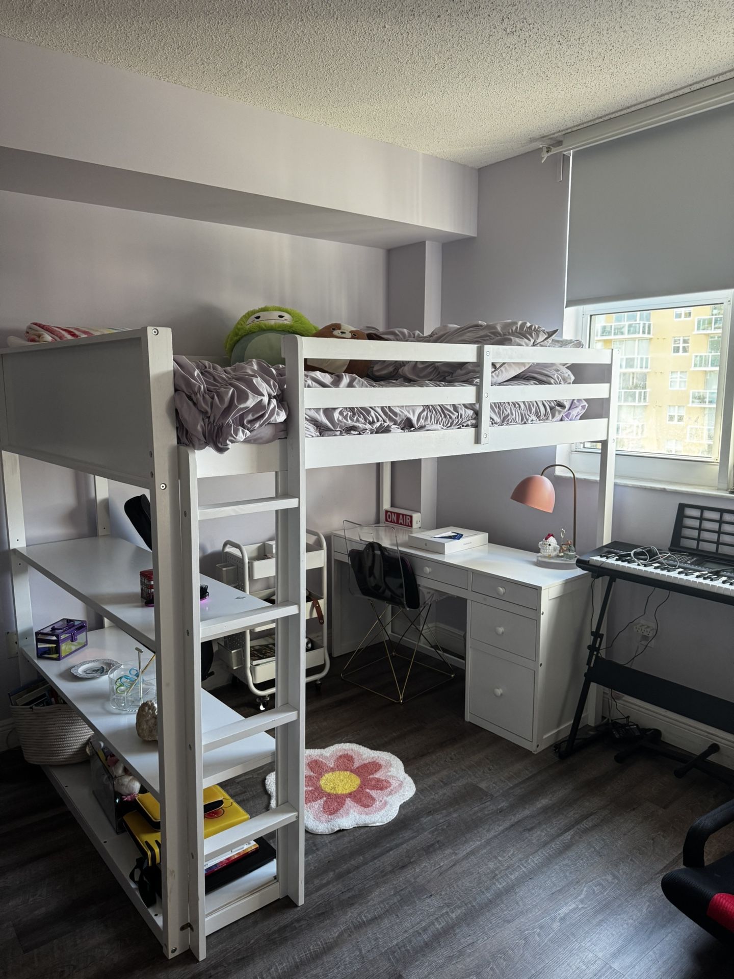 White Full Size Wood Loft Bed With Ladder, 3 Shelves, 5 Drawers, and Desk
