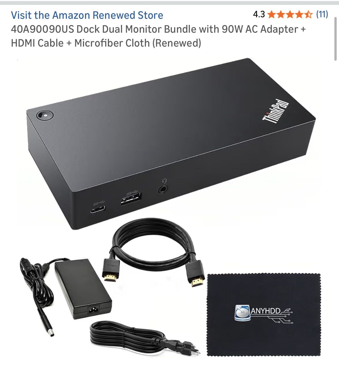 Lenovo ThinkPad USB-C UltraDock With 90W 2 Prong AC Adapter (40A90090US)