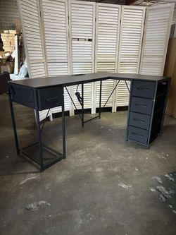 57" L Shaped Desk with 5 Drawers, Reversible Computer Corner Desk with Storage & Power Strip for Home Office, 78.7" Long 2 Person Desk, Black