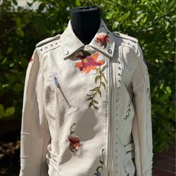NEW (wot)! Embroidered Cream Vegan Leather Moto Jacket