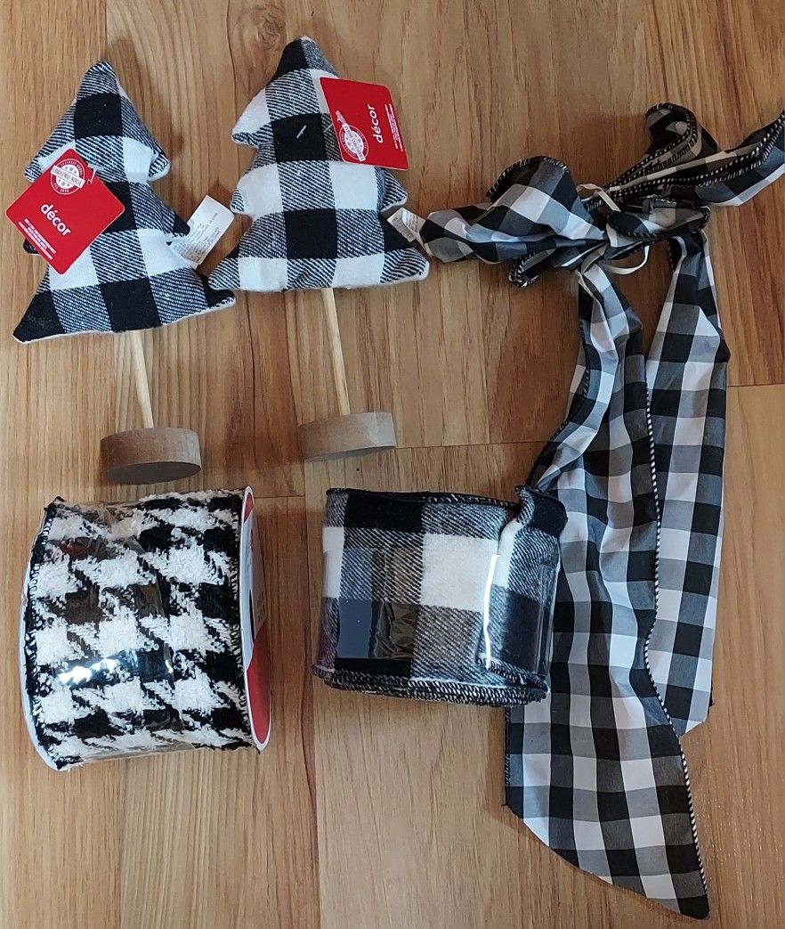 Black White Buffalo Plaid Houndstooth Cloth Ribbon Mini Decorative Trees Crafts