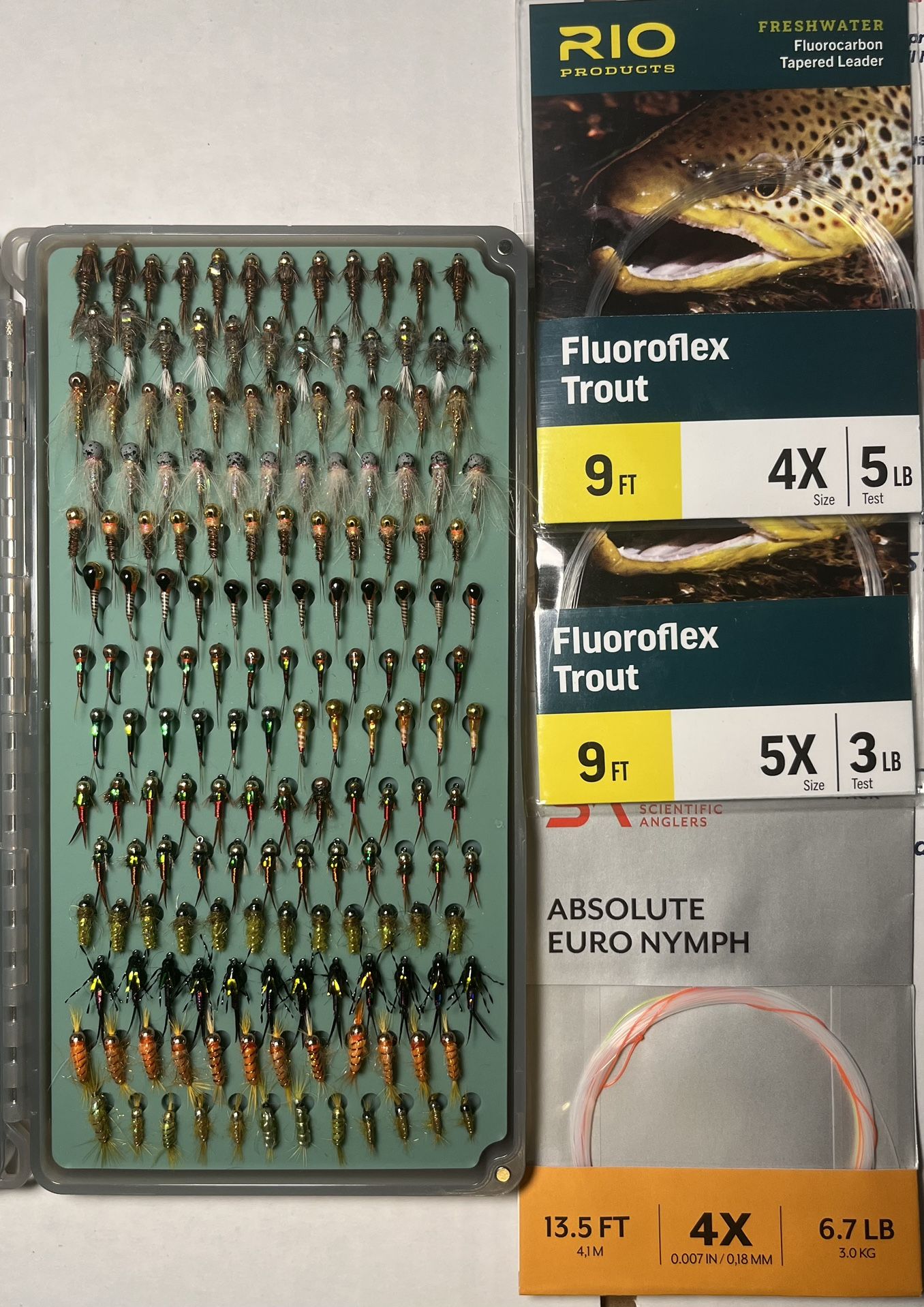 14 Dozen (168) Fly Fishing Nymphs From Umpqua, Rio, MFC. Free Tacky Box And Leaders