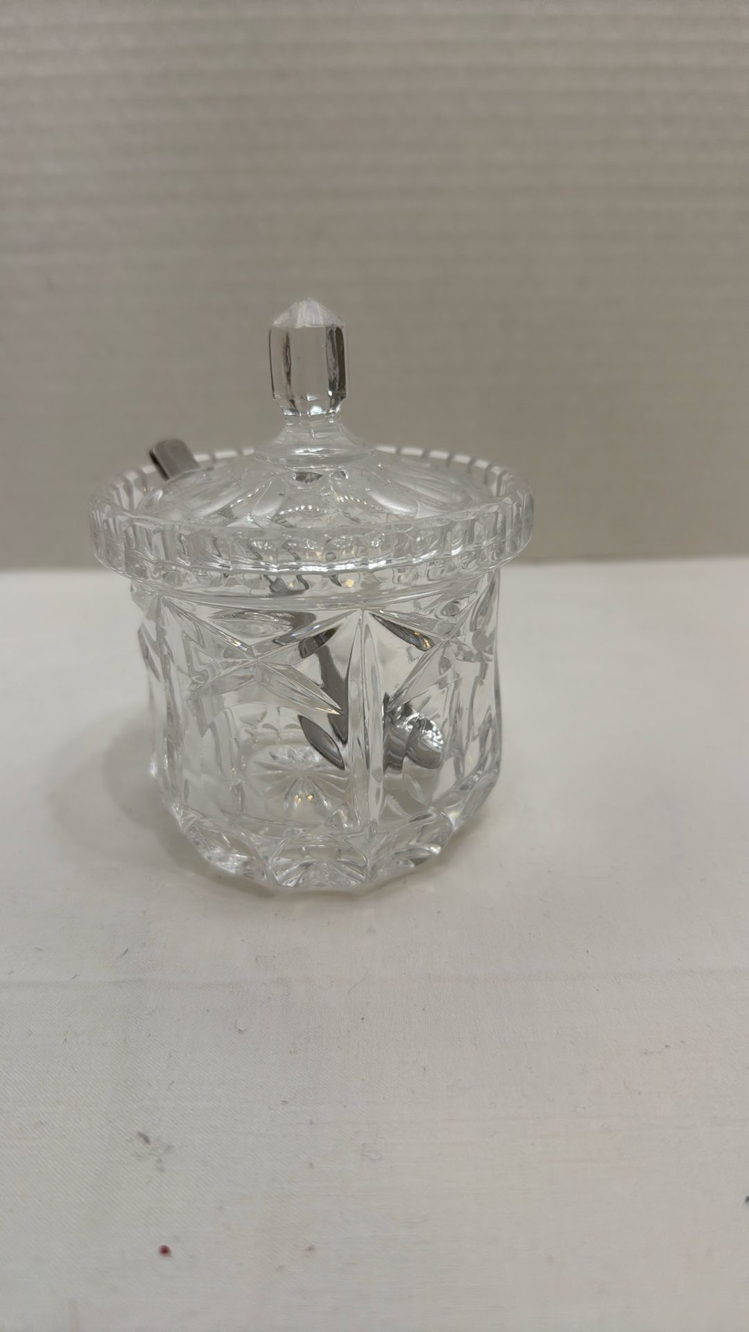 Vintage Crystal Lidded Sugar Bowl with Metal Spoon