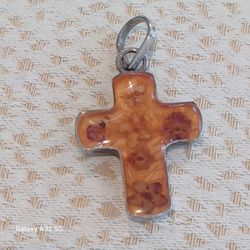 Vintage MEXICO STERLING SILVER DRIED FLOWERS LUCITE CROSS PENDANT
