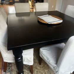 Pottery Barn 60” Square Black Table With 8 Pottery Barn Slip Covers Chairs 