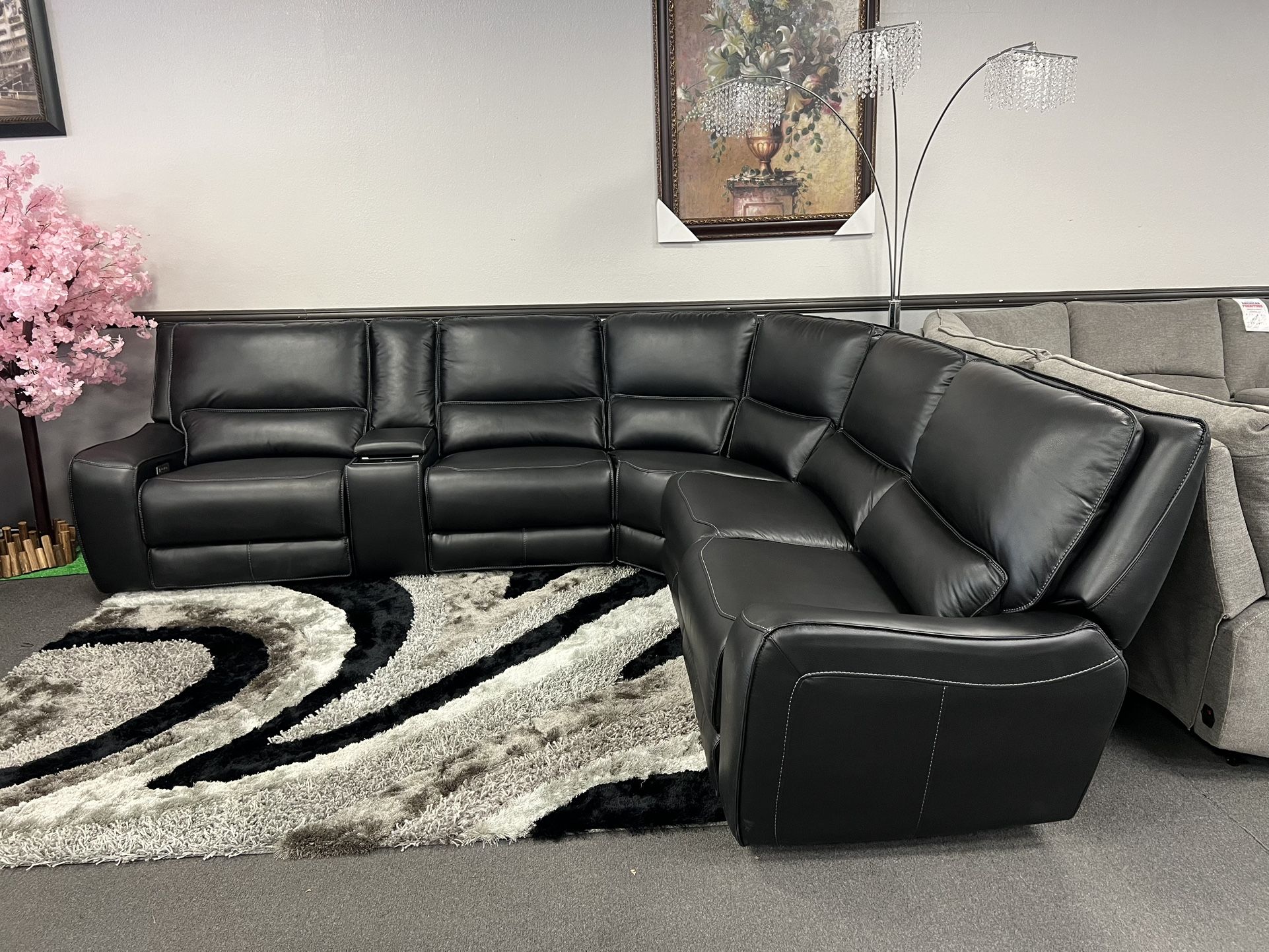 Waterproof Black Leather Sofa Sectional w/ Power Recliners & Wireless Charging