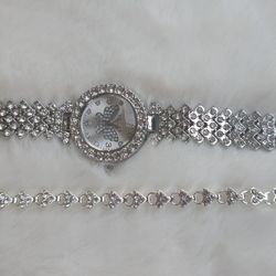 Women Watch And Bracelet Set, Silver