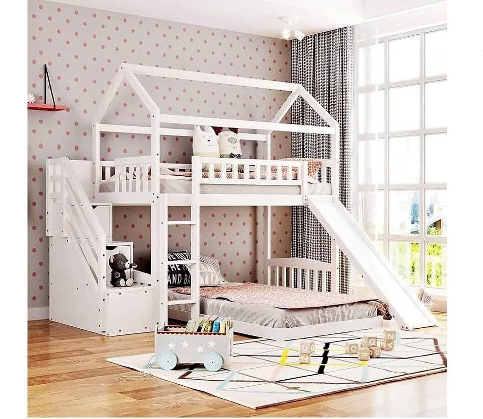 Kids Bunk Bed w/ Slide and Storage