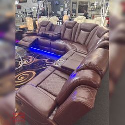 Brown Sectional Recliner Sofa With LED