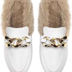 Women's Flat Mules Backless Slip on Slides Loafers Chain Closed Toe Fur Mules - Size 9