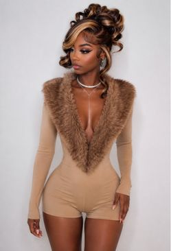 Tan Long Sleeve Romper with Faux Fur Collar