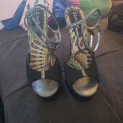 Black And  Gun Metal Silver Strappy Platform Heels