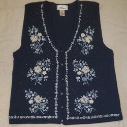Worthington Embroidered Floral Navy Blue Vest (L)