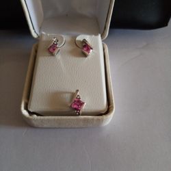 10k Pink Sapphire & Diamond Earrings & Necklace