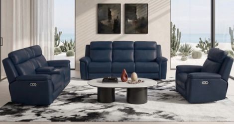 NAVY GENUINE LEATHER POWER MOTION SOFA SET. FINANCING AVAILABLE