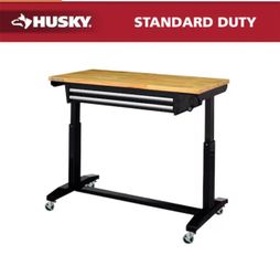 Husky Tool Storage 46 in. W x 24 in. D 2-Drawer Adjustable Height Black Worktable with Solid Wood Top