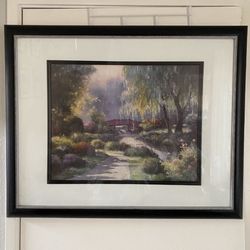 Art - Large Bridge Landscape Print Mounted In Black 25” X 30” Glass Picture Frame- Preowned- in Perfect condition -