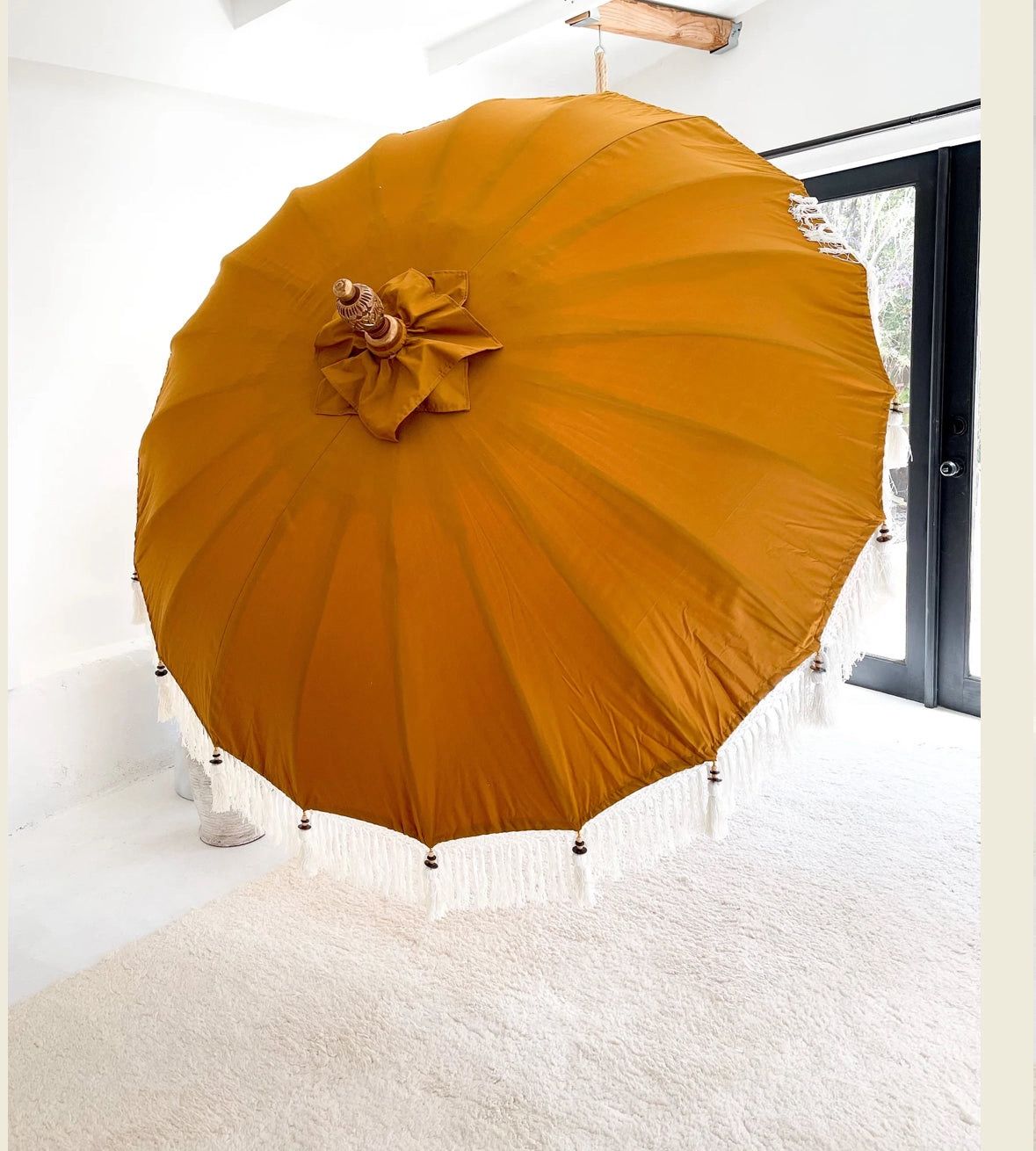 Balinese Bali Hand Made Patio, Pool, Deck, Lounging Umbrella with White Fringe Tassels - 6ft/3ft, Luxury Resort, Pop Up Events, Natural Bamboo
