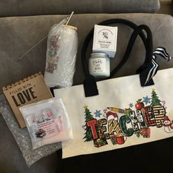 Teacher Gift Set - Candle, Tote Bag, Puzzle And Drinking Glass Bottle/Tumbler 