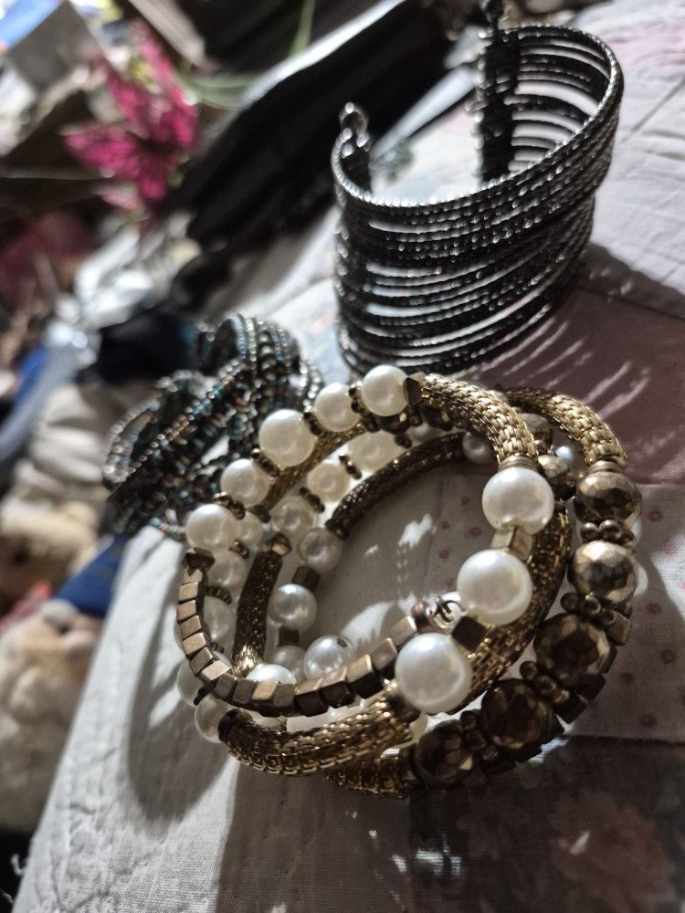 Three Bracelet Two Beaded Costume Jewerly Used