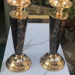 CAPASIN Black and Gold Candle Holders for Pillar Candles Set of 2 Candelabros De Mesa Elegantes Table Large Metal Centerpiece Tall Candlestick Glass T