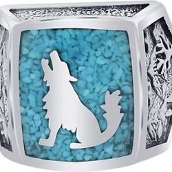 Men's Southwest Turquoise Zircon Inlaid How Call Wolf Silver Ring Size 7