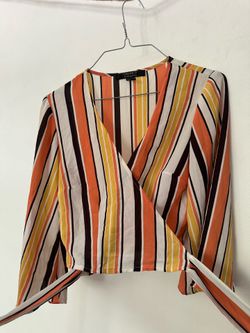 Forever 21 Striped Wrap Tie Crop Top – Long Sleeve Retro Boho Blouse Size S