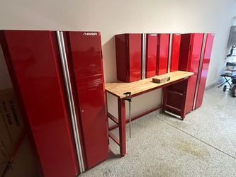 Husky tool box work bench and storage cabinets