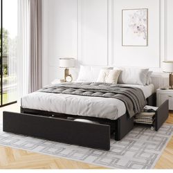 Queen Bed Frame with Storage, 3 Large Drawers on Wheels, Fabric Upholstered Platform Bed, No Box Spring Needed, Wood Slats Support, Easy Assembly, Dar