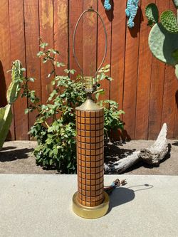 Vintage Mid Century Modern Wood Brass Geometric Table Lamp