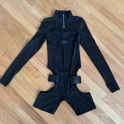 Black Small SPANDEX Bodycon Dress Jumpsuit Romper Cut Out Bodysuit Rave Concert Festival 