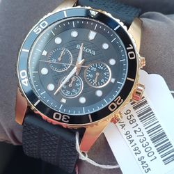 Men's Bulova Classic Sport Rose Gold-Tone Chronograph Black Silicone 98A192 $425
