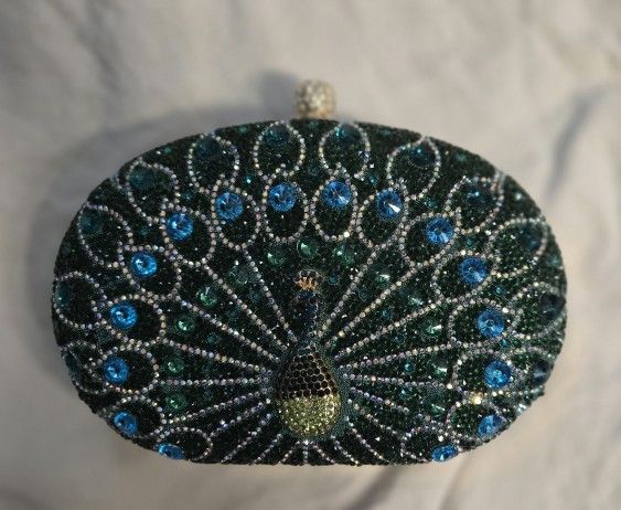 Peacock Rhinestone Evening Bag, Luxury Beaded Clutch Purse With Gold Trim/ Chain