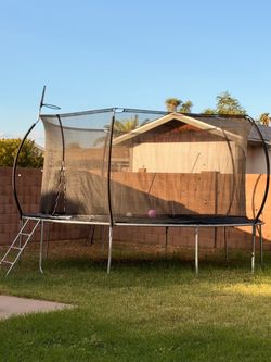 14ft Trampoline W/ Net, Basketball Hoop & Stakes (so it doesn’t fly)