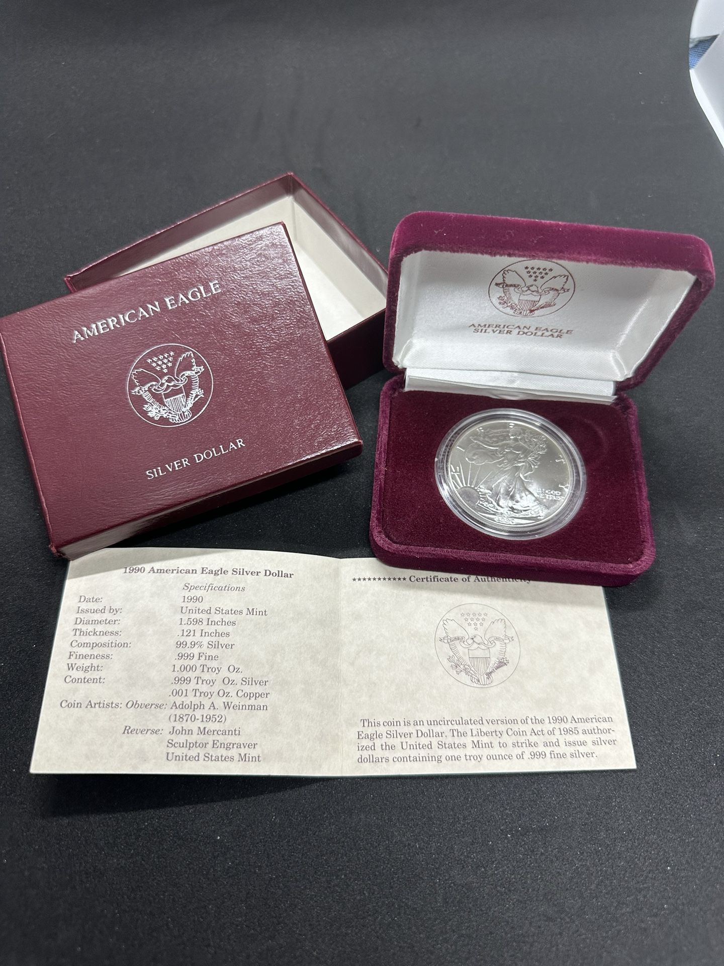 1990 American Eagle Silver Dollar. W/ CoA