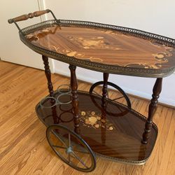 ITALIAN BRASS TROLLEY BAR CART WITH WOODEN INLAY, 1950S