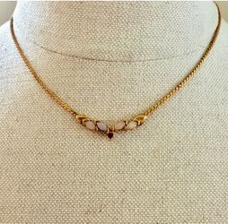 Vintage Gold Tone Opal Glass & Red Accent Necklace – Delicate Statement Necklace