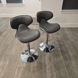 Pair of Adjustable Swivel Bar Stools – Chrome Base & Faux Leather Seats