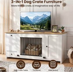 55 Inch Dog Crate Furniture with Storage,Dog Kennel Indoor with Secure Lock & 2 Large Drawers,Decorative Furniture Style Wooden Dog Crates TV Stand fo