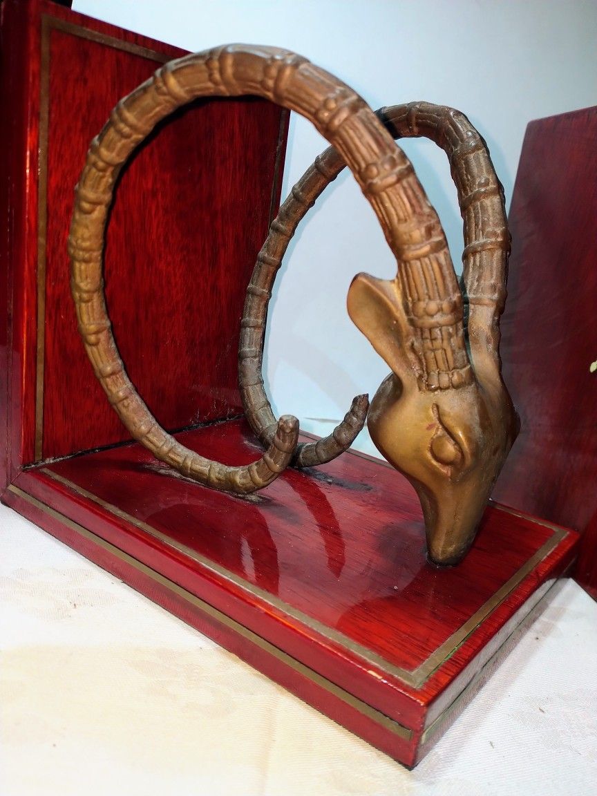 Vintage Solid Brass and Wood Ibex Bookends