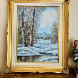 Vintage Oil Painting – Winter Forest, Gold Frame