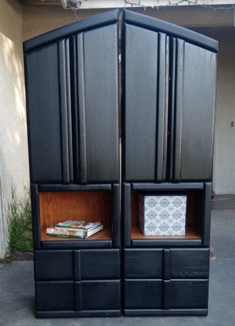 Upright Dresser/Storage Unit- 4 Drawers/4 Doors/2 Open Shelves-Black With Walnut