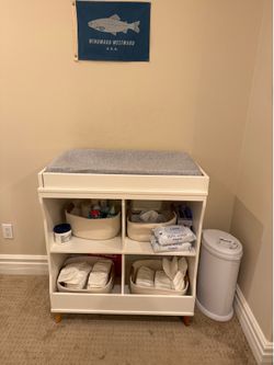 Modern White Baby Changing Table with Storage Shelves + Removable Top